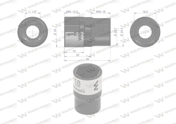 Nasadka sześciokątna 1/2". 18 mm. CrV50BV30. DIN 3124. Waryński
