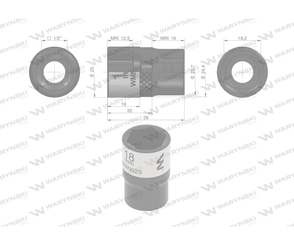 Nasadka sześciokątna 1/2". 18 mm. CrV50BV30. DIN 3124. Waryński