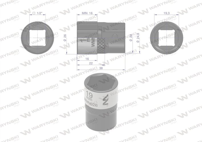 Nasadka sześciokątna 1/2". 19 mm. CrV50BV30. DIN 3124. Waryński