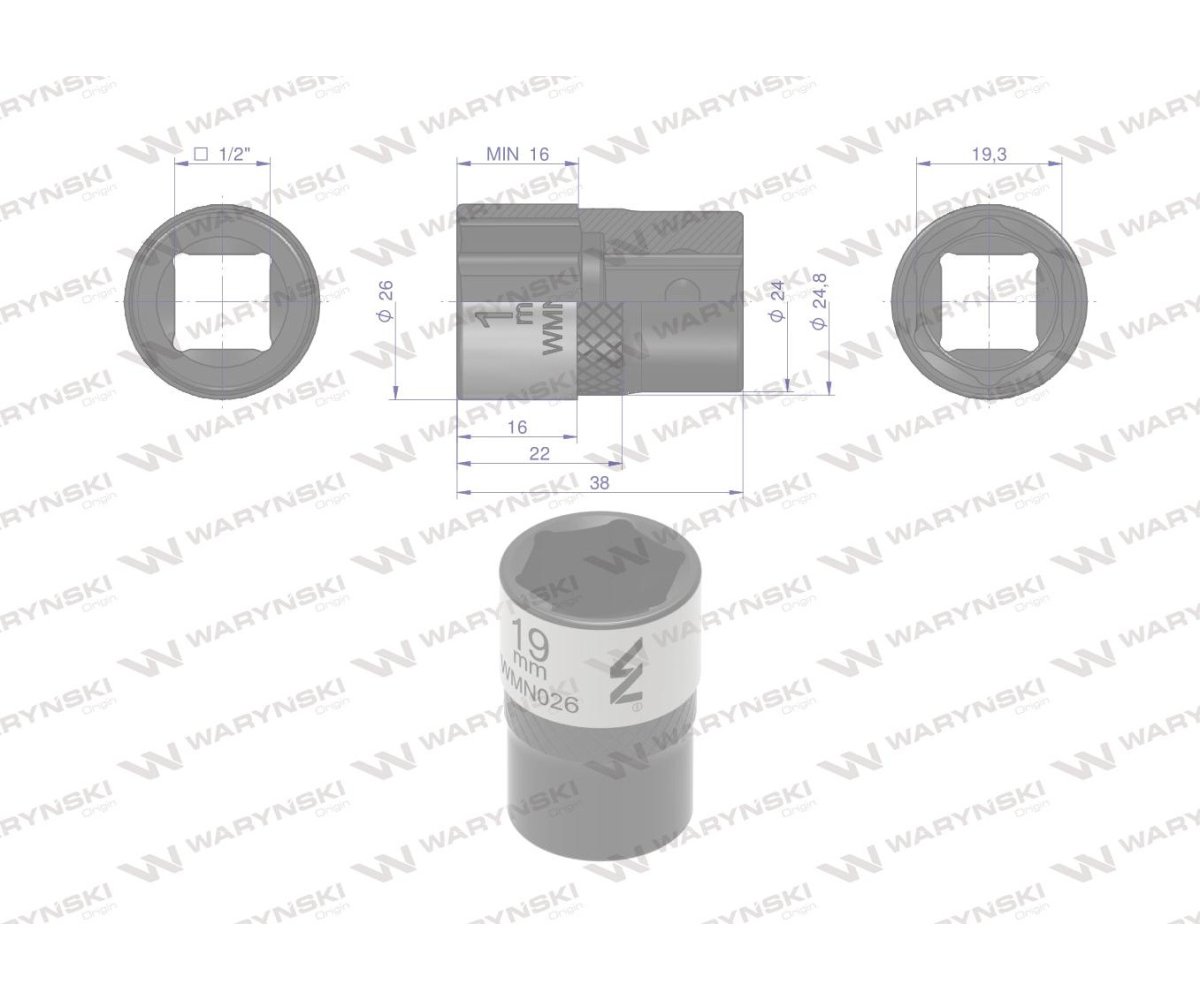 Nasadka sześciokątna 1/2". 19 mm. CrV50BV30. DIN 3124. Waryński