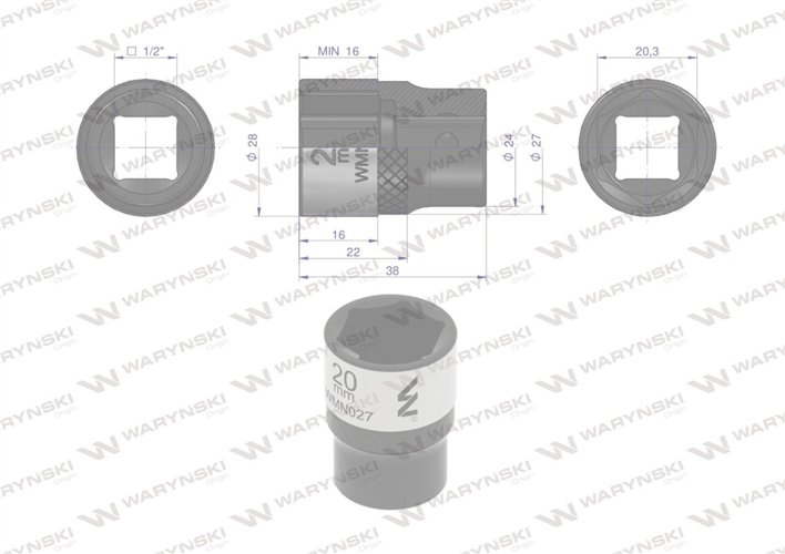 Nasadka sześciokątna 1/2". 20 mm. CrV50BV30. DIN 3124. Waryński
