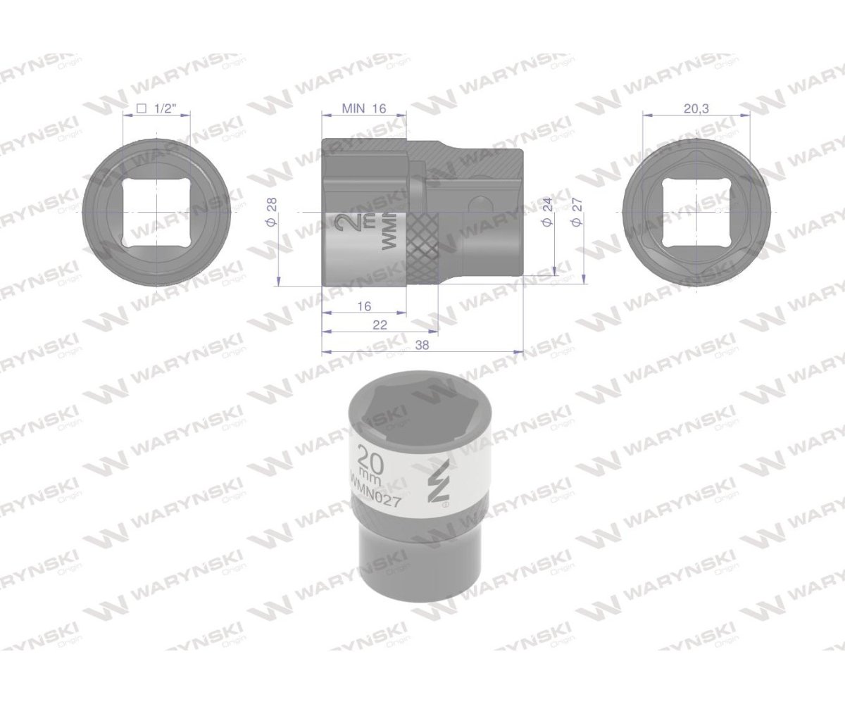 Nasadka sześciokątna 1/2". 20 mm. CrV50BV30. DIN 3124. Waryński