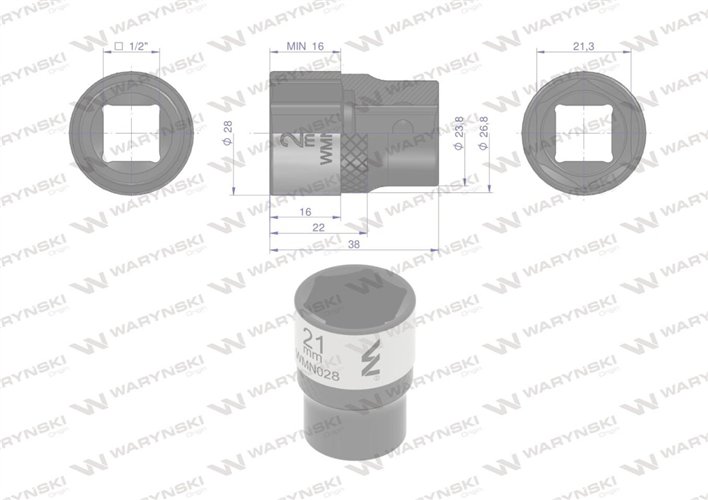 Nasadka sześciokątna 1/2". 21 mm. CrV50BV30. DIN 3124. Waryński