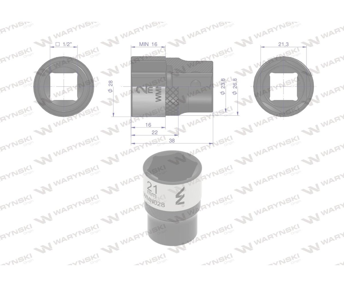 Nasadka sześciokątna 1/2". 21 mm. CrV50BV30. DIN 3124. Waryński