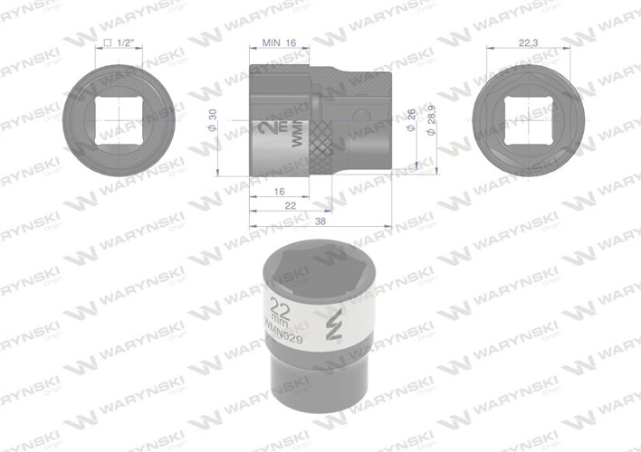 Nasadka sześciokątna 1/2". 22 mm. CrV50BV30. DIN 3124. Waryński