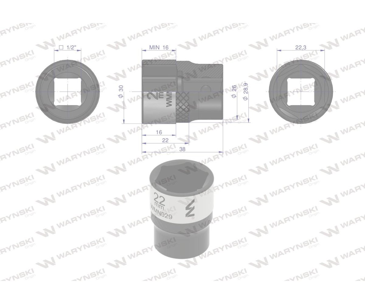Nasadka sześciokątna 1/2". 22 mm. CrV50BV30. DIN 3124. Waryński