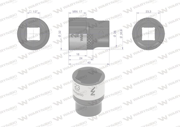 Nasadka sześciokątna 1/2". 23 mm. CrV50BV30. DIN 3124. Waryński
