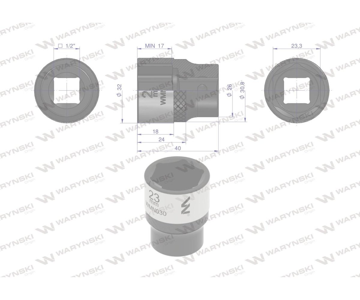 Nasadka sześciokątna 1/2". 23 mm. CrV50BV30. DIN 3124. Waryński