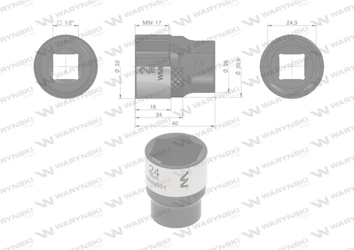 Nasadka sześciokątna 1/2". 24 mm. CrV50BV30. DIN 3124. Waryński
