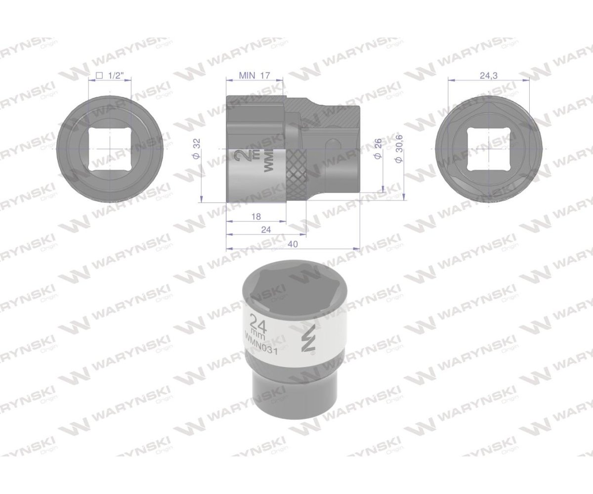 Nasadka sześciokątna 1/2". 24 mm. CrV50BV30. DIN 3124. Waryński
