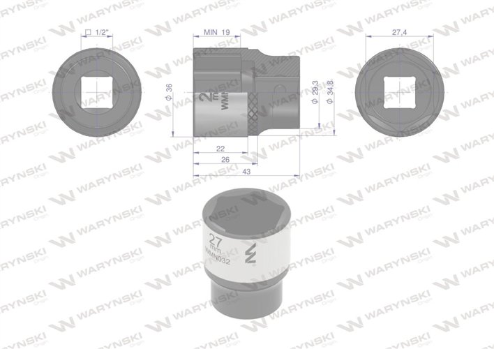 Nasadka sześciokątna 1/2". 27 mm. CrV50BV30. DIN 3124. Waryński