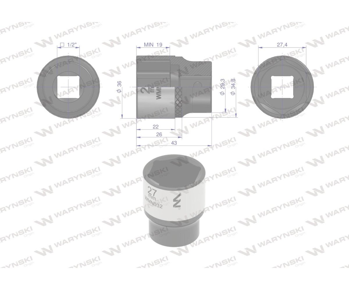 Nasadka sześciokątna 1/2". 27 mm. CrV50BV30. DIN 3124. Waryński