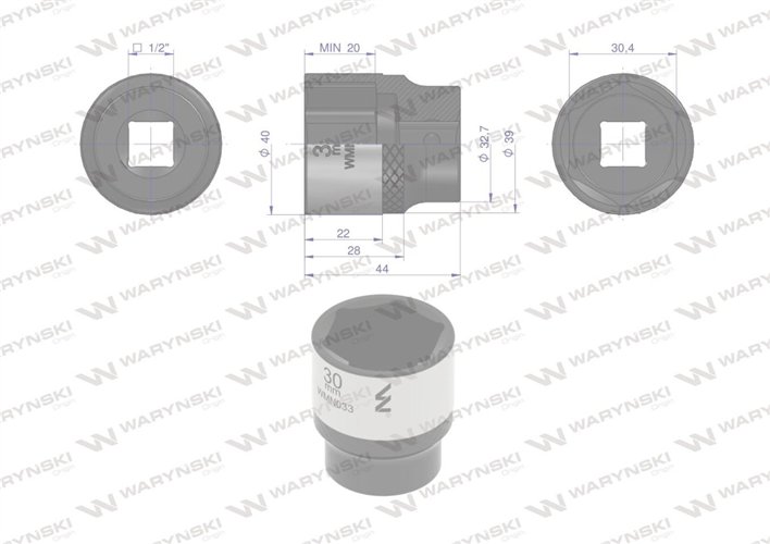Nasadka sześciokątna 1/2". 30 mm. CrV50BV30. DIN 3124. Waryński