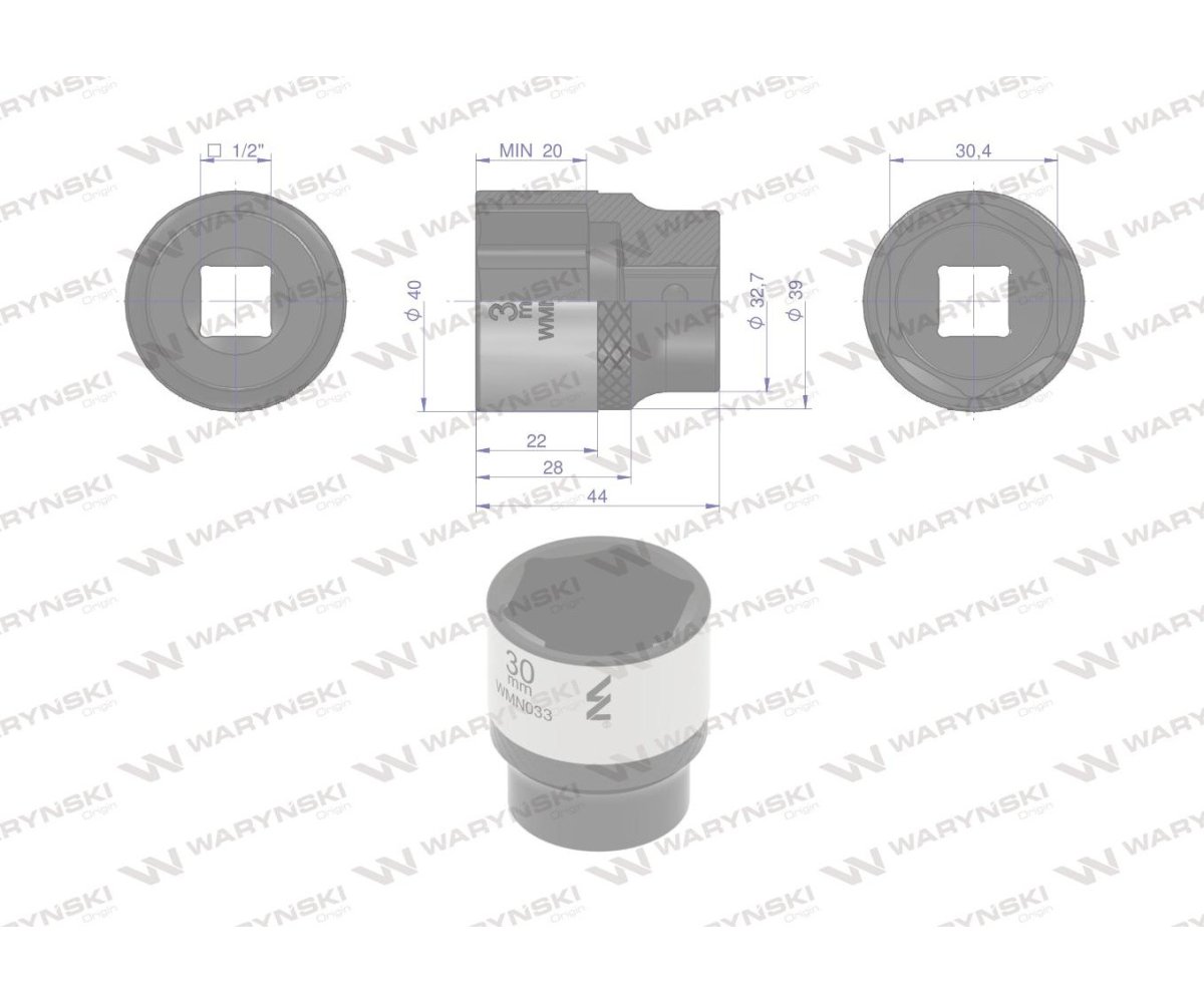 Nasadka sześciokątna 1/2". 30 mm. CrV50BV30. DIN 3124. Waryński