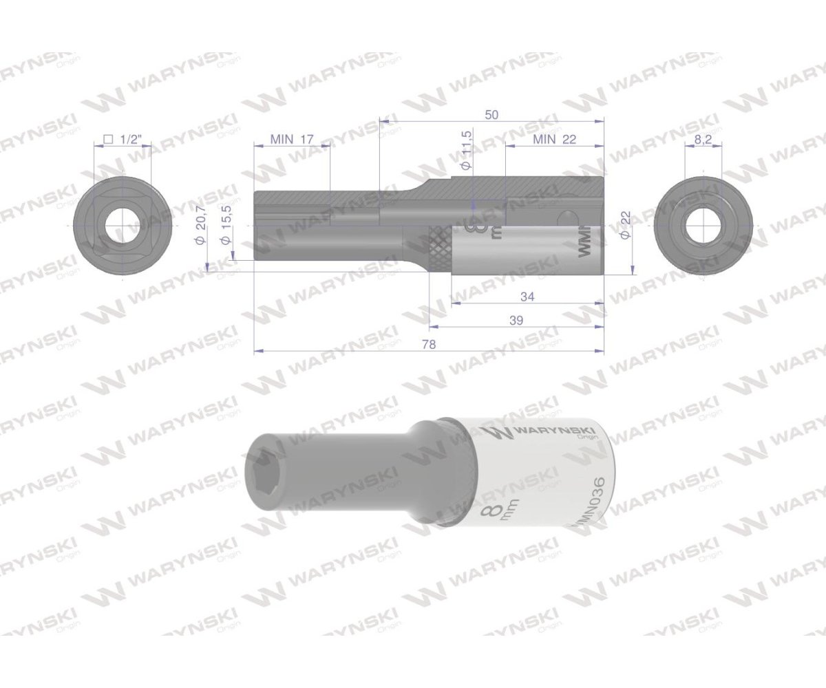Nasadka sześciokątna 1/2". 8 mm. długa. CrV50BV30. DIN 3124. Waryński
