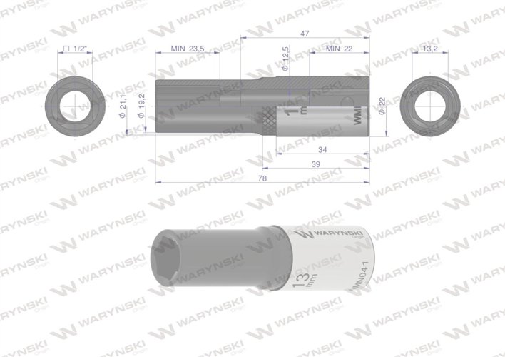 Nasadka sześciokątna 1/2". 13 mm. długa. CrV50BV30. DIN 3124. Waryński