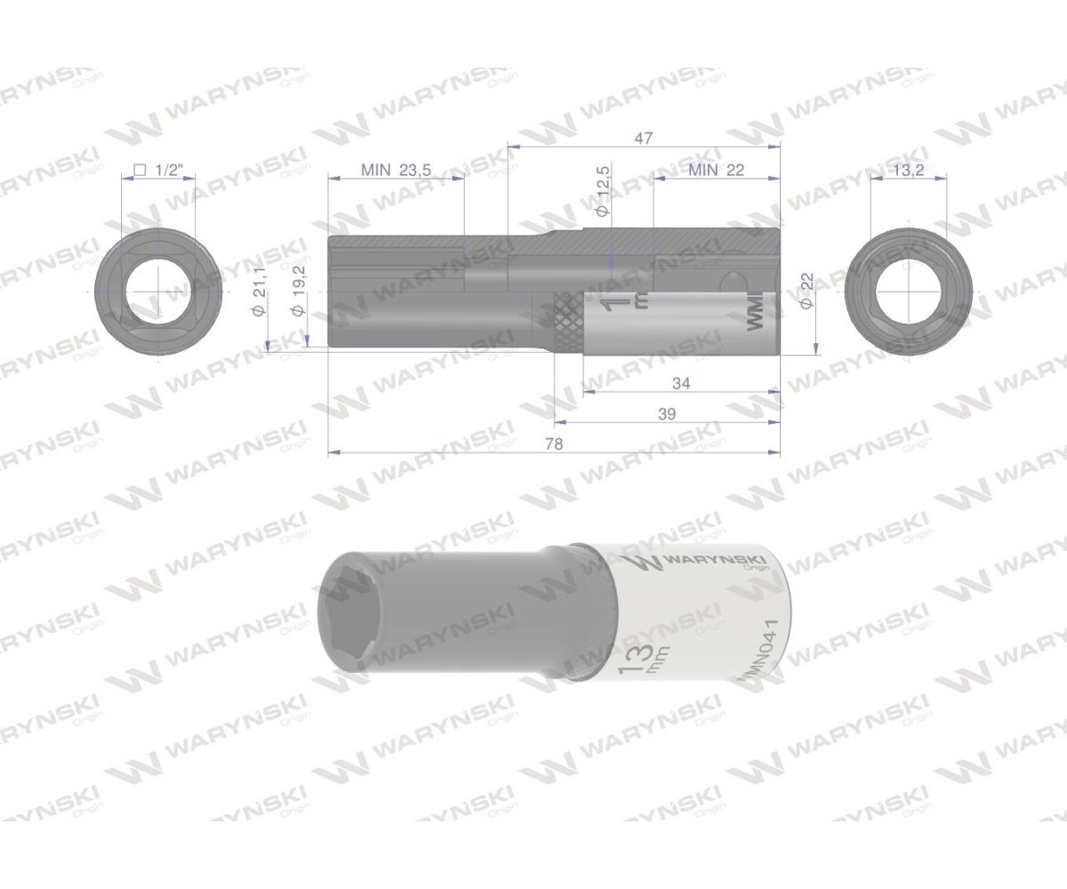 Nasadka sześciokątna 1/2". 13 mm. długa. CrV50BV30. DIN 3124. Waryński