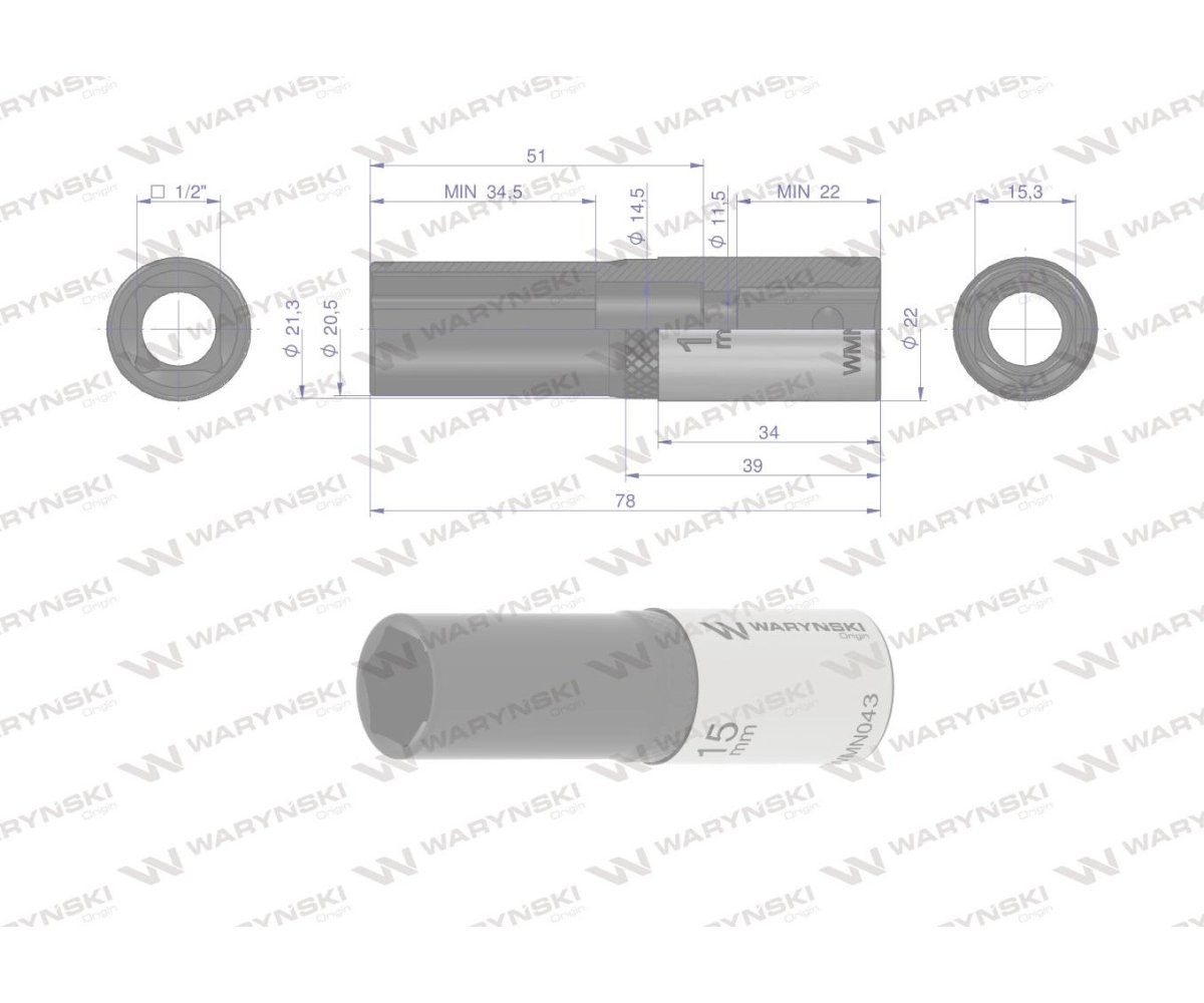 Nasadka sześciokątna 1/2". 15 mm. długa. CrV50BV30. DIN 3124. Waryński