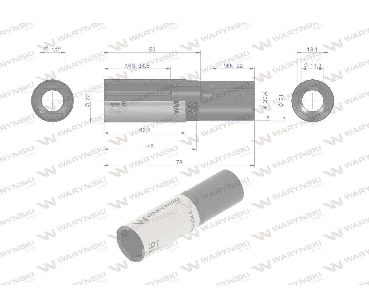 Nasadka sześciokątna 1/2". 16 mm. długa. CrV50BV30. DIN 3124. Waryński