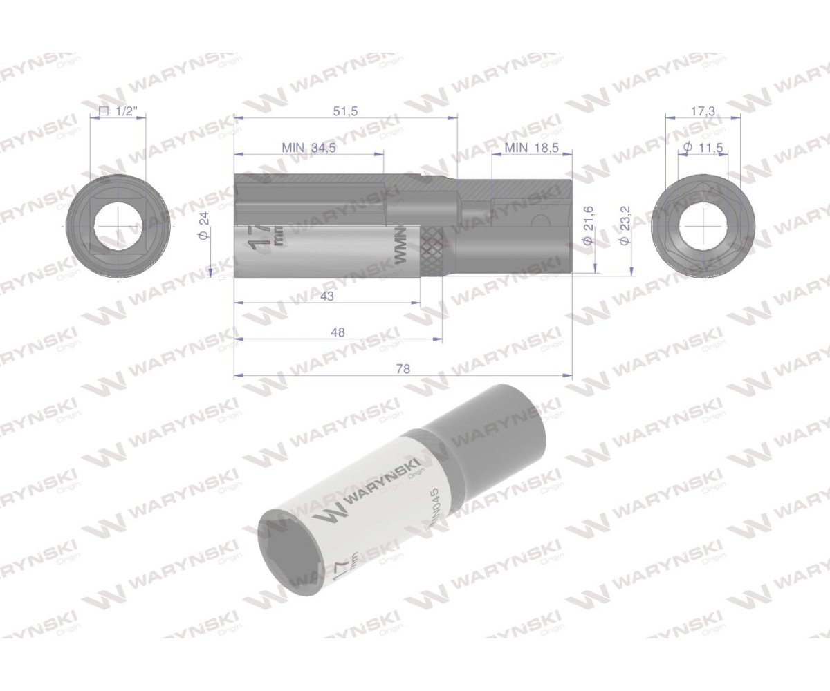 Nasadka sześciokątna 1/2". 17 mm. długa. CrV50BV30. DIN 3124. Waryński