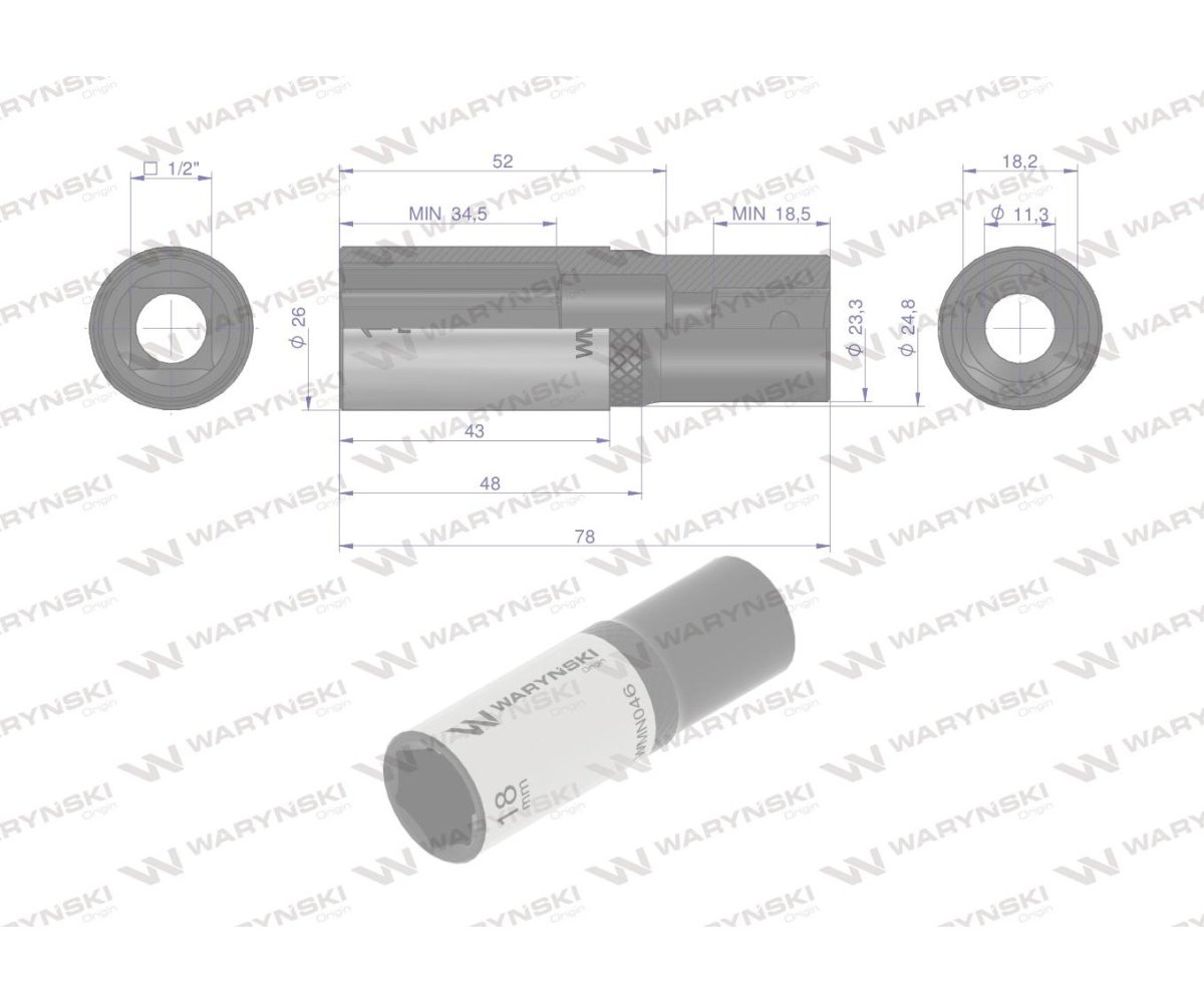 Nasadka sześciokątna 1/2". 18 mm. długa. CrV50BV30. DIN 3124. Waryński
