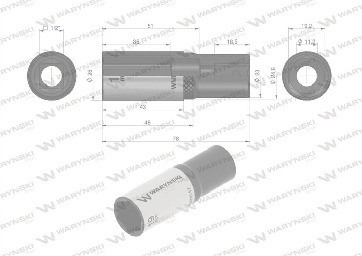 Nasadka sześciokątna 1/2". 19 mm. długa. CrV50BV30. DIN 3124. Waryński