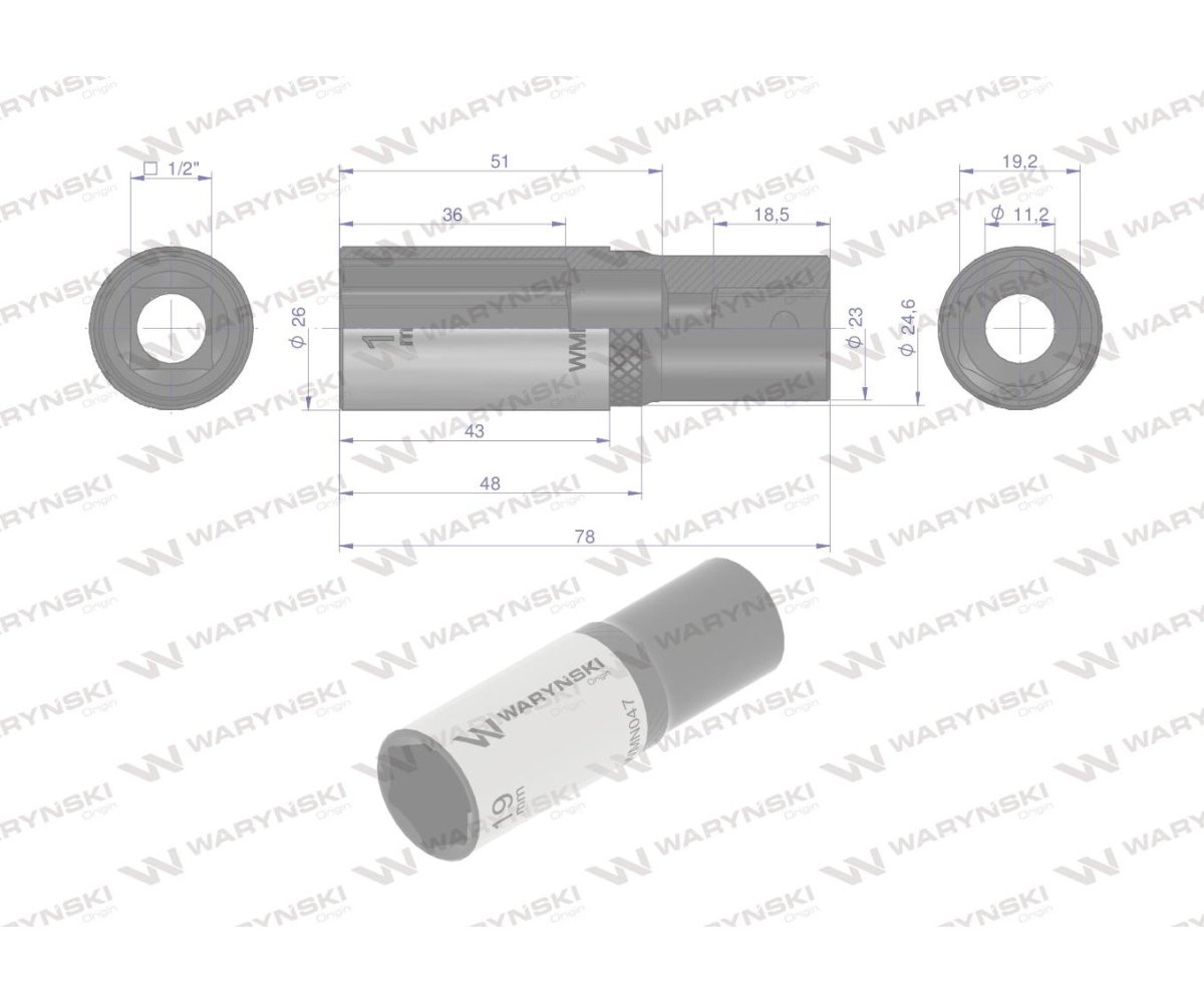 Nasadka sześciokątna 1/2". 19 mm. długa. CrV50BV30. DIN 3124. Waryński