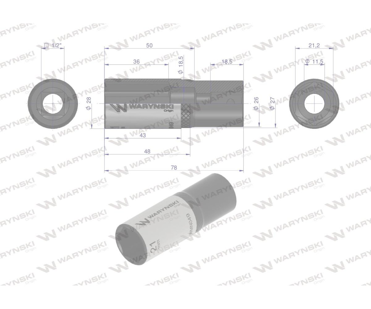 Nasadka sześciokątna 1/2". 21 mm. długa. CrV50BV30. DIN 3124. Waryński