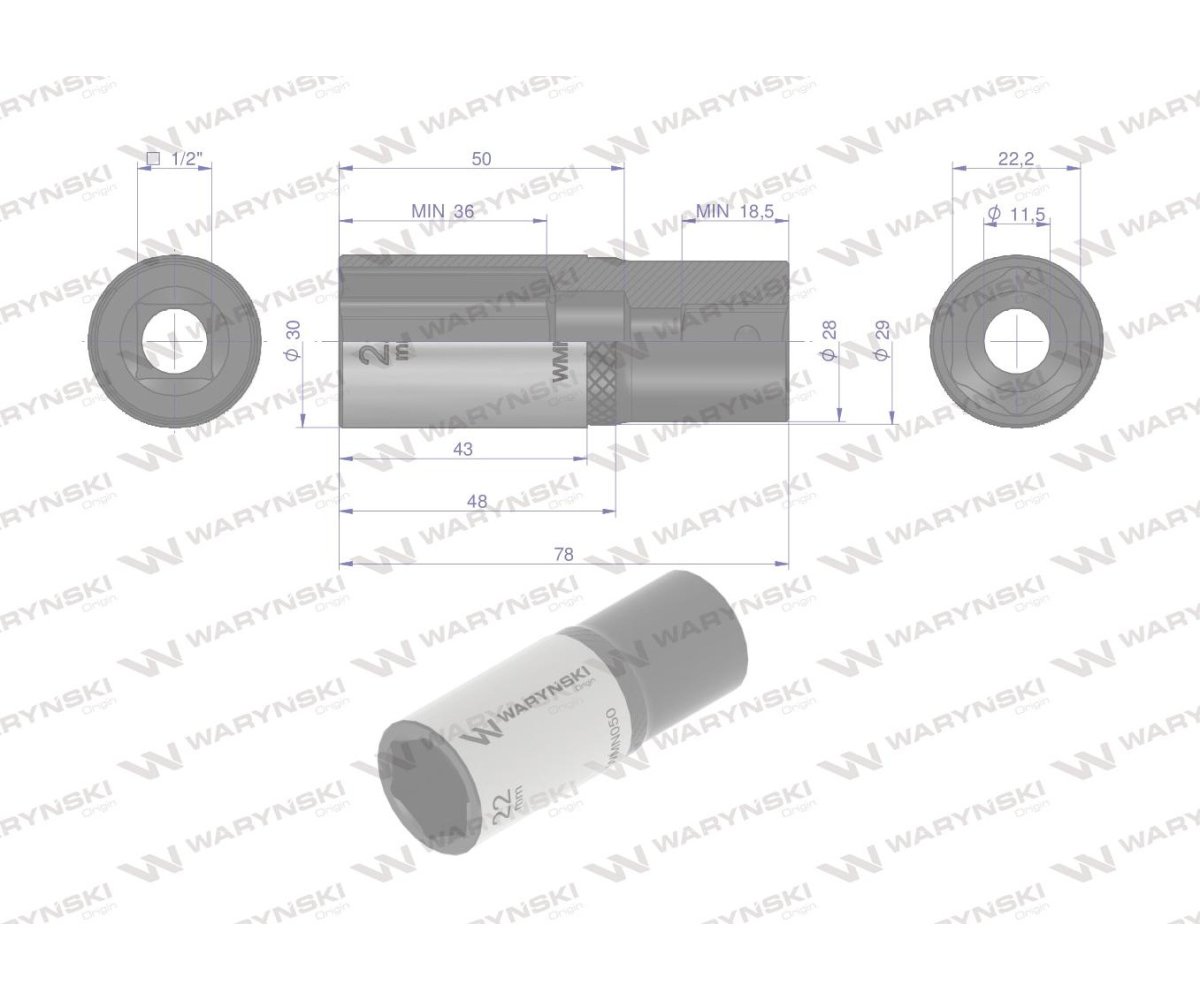 Nasadka sześciokątna 1/2". 22 mm. długa. CrV50BV30. DIN 3124. Waryński