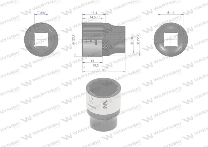 Nasadka dwunastokątna 3/8". 17 mm. CrV50BV30. DIN 3124. Waryński