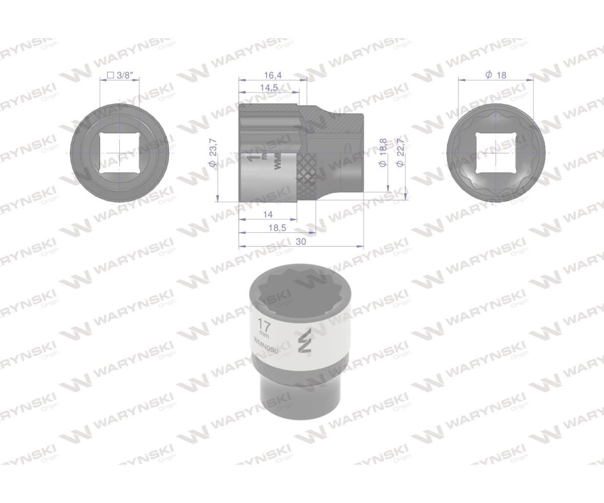 Nasadka dwunastokątna 3/8". 17 mm. CrV50BV30. DIN 3124. Waryński