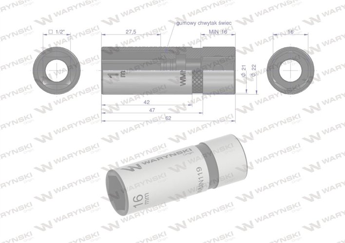 Nasadka do świec 1/2". 16mm, Waryński