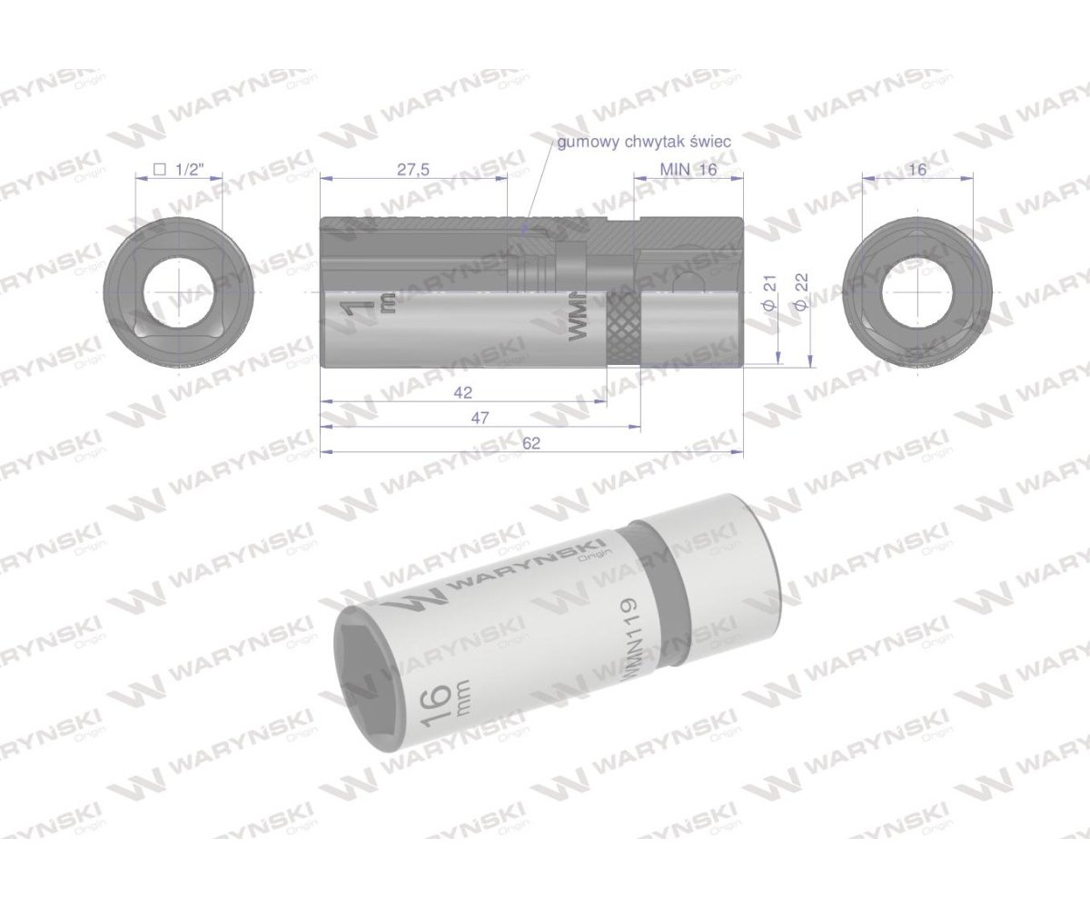 Nasadka do świec 1/2". 16mm, Waryński