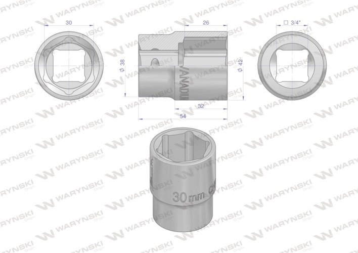 Nasadka sześciokątna 3/4". 30 mm. CrV50BV30. DIN 3124. Waryński