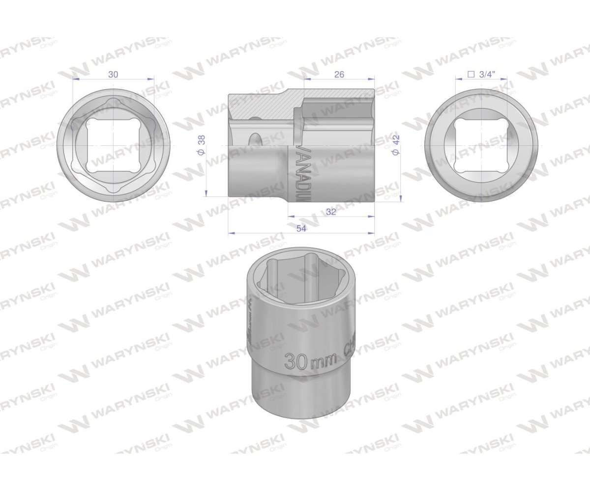 Nasadka sześciokątna 3/4". 30 mm. CrV50BV30. DIN 3124. Waryński