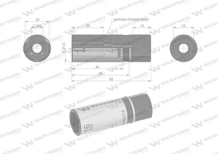 Nasadka do świec 3/8". 16 mm. CrV50BV30. DIN 3124. Waryński