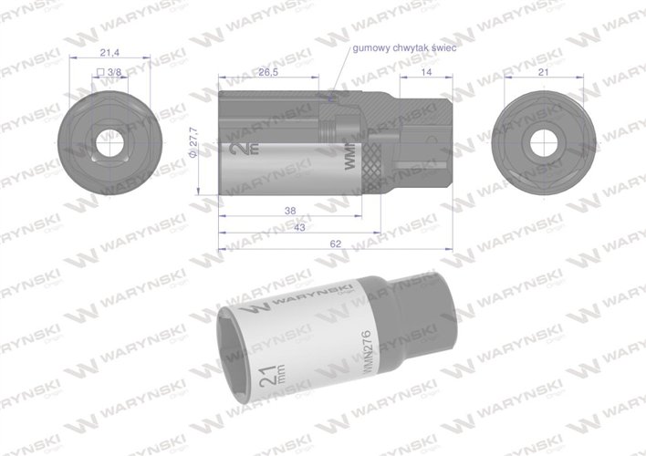 Nasadka do świec 3/8". 21 mm. CrV50BV30. DIN 3124. Waryński