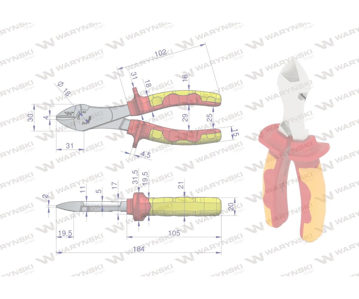 Szczypce izolowane, boczne 180 mm. VDE. Waryński