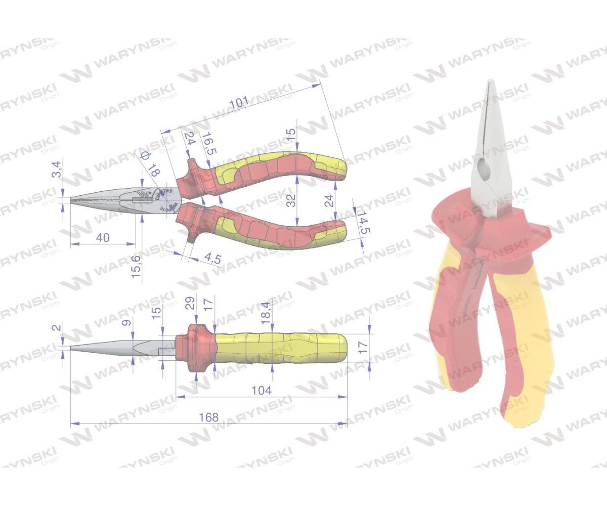Szczypce izolowane, wydłużone proste 160 mm. VDE. Waryński