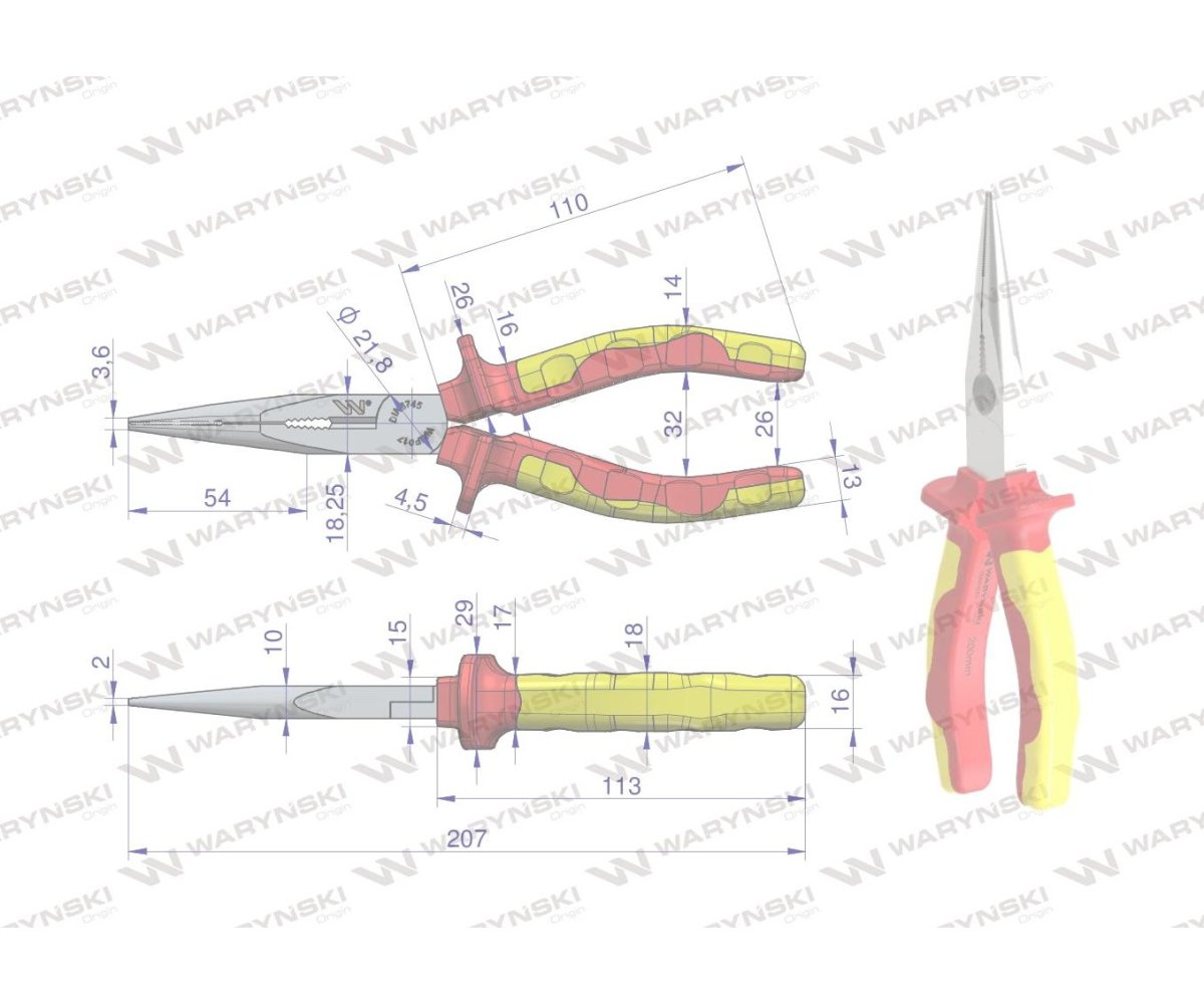 Szczypce izolowane, wydłużone proste 200 mm. VDE. Waryński