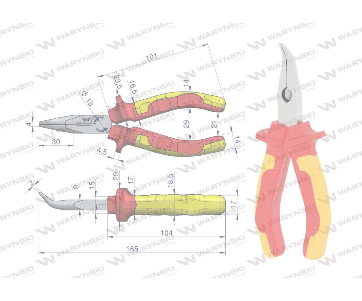 Szczypce izolowane, wydłużone wygięte 160 mm. VDE. Waryński