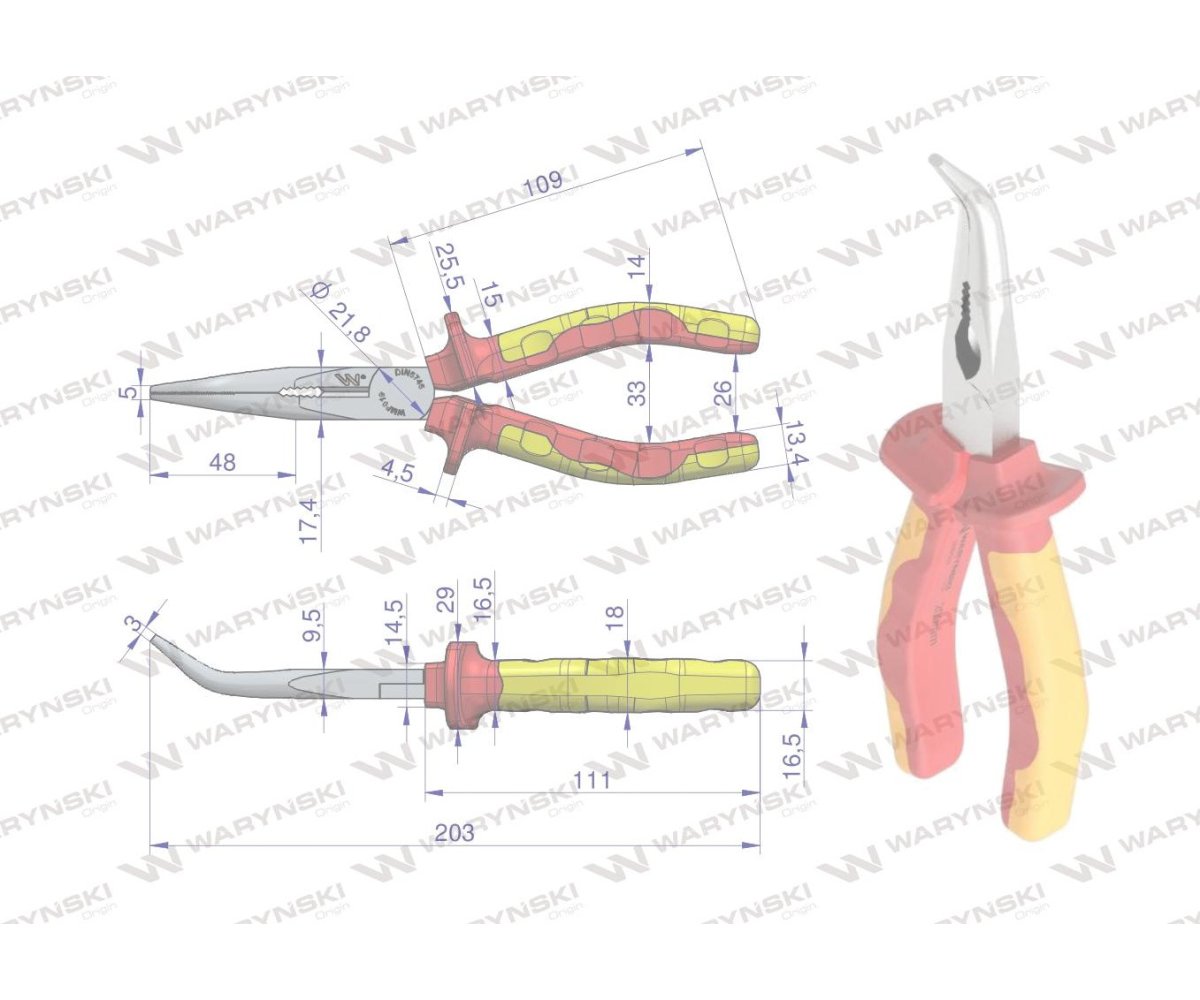 Szczypce izolowane, wydłużone wygięte 200 mm. VDE. Waryński