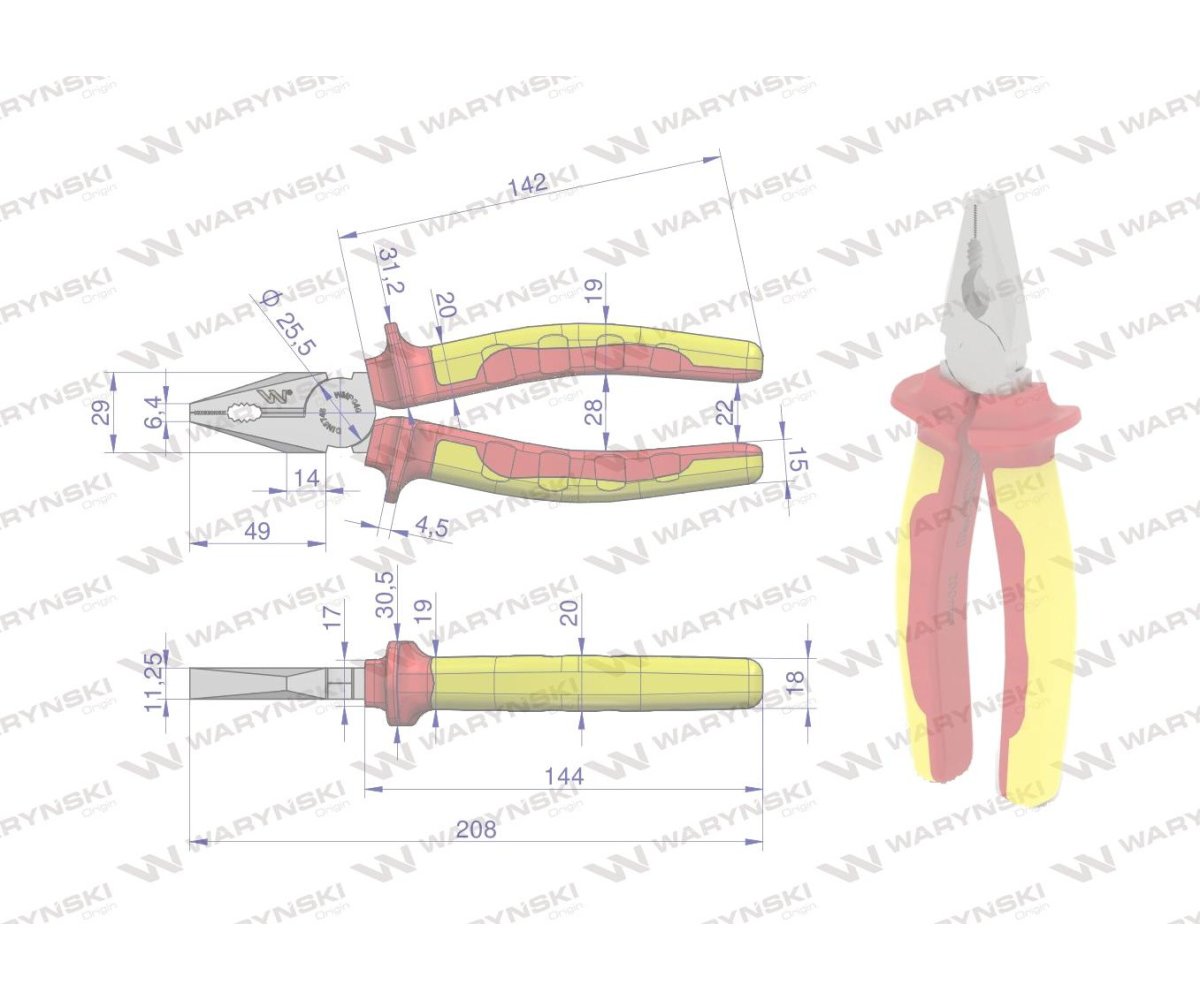 Szczypce izolowane, uniwersalne 200 mm. VDE. Waryński