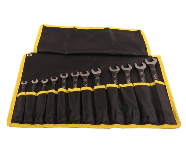 Zestaw kluczy płaskooczkowych z grzechotką w pokrowcu 12 szt rozmiary 6-17 w standardzie ASME B107-2010 Waryński