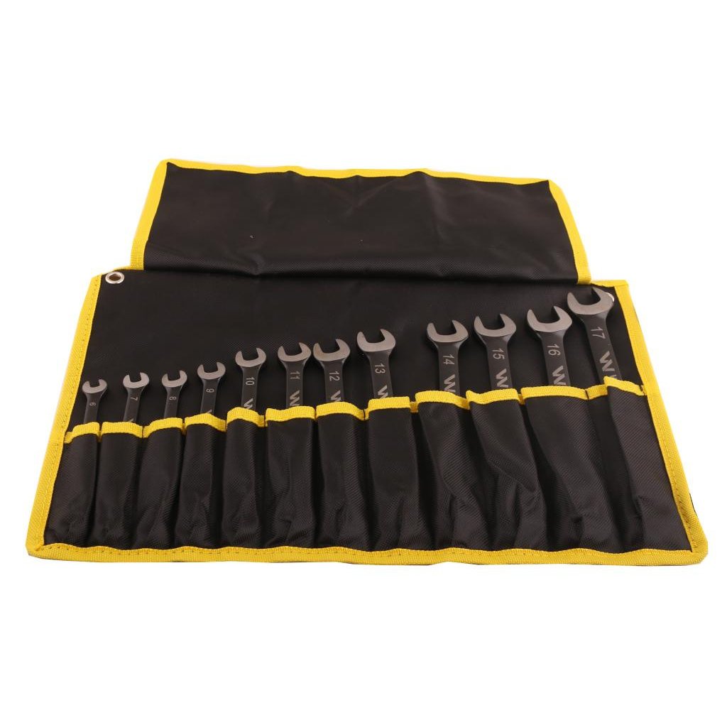 Zestaw kluczy płaskooczkowych z grzechotką w pokrowcu 12 szt rozmiary 6-17 w standardzie ASME B107-2010 Waryński