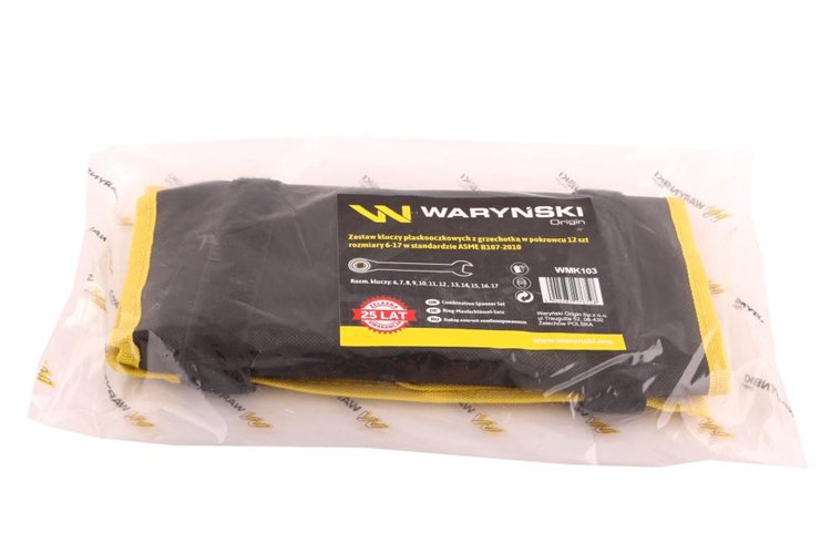 Zestaw kluczy płaskooczkowych z grzechotką w pokrowcu 12 szt rozmiary 6-17 w standardzie ASME B107-2010 Waryński