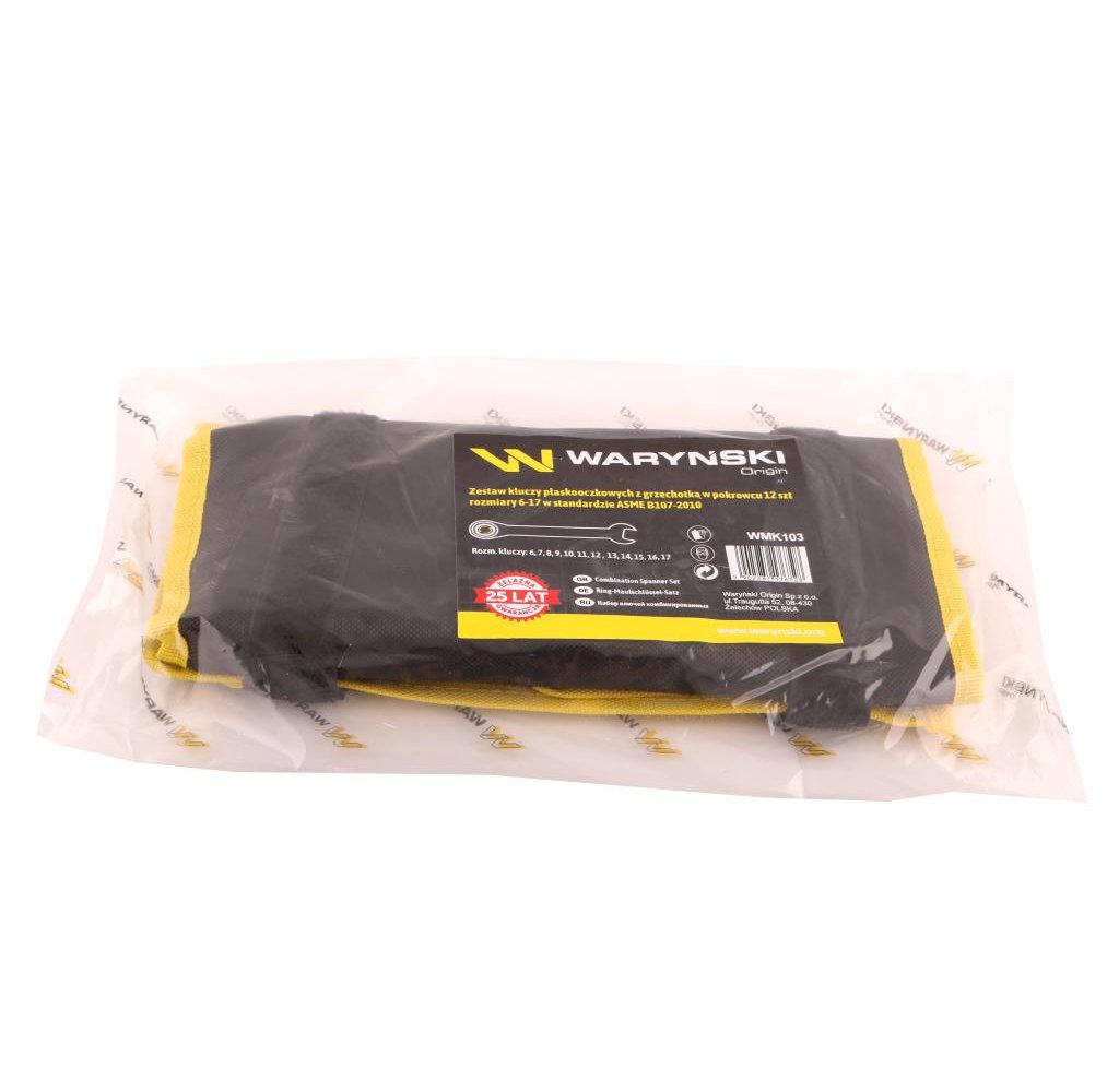 Zestaw kluczy płaskooczkowych z grzechotką w pokrowcu 12 szt rozmiary 6-17 w standardzie ASME B107-2010 Waryński