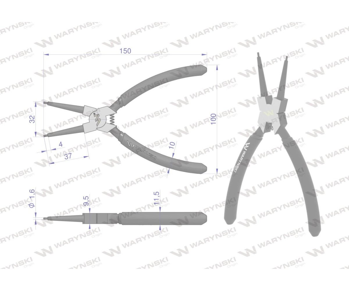 Szczypce do pierścieni osadczych 150 mm wewnętrzne proste Waryński