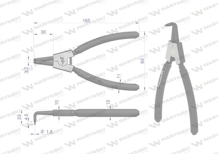 Szczypce do pierścieni osadczych 180 mm zewnętrzne wygięte Waryński