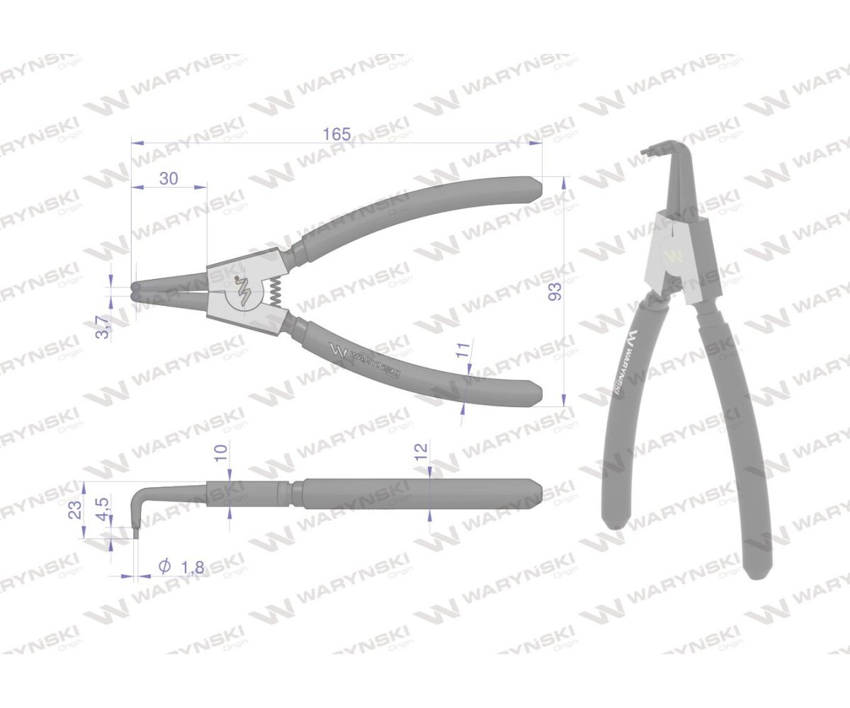 Szczypce do pierścieni osadczych 180 mm zewnętrzne wygięte Waryński